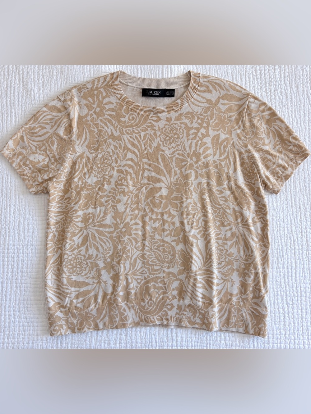 Lauren Ralph Lauren Floral Cotton Blend Short Sleeve Sweater 3X Beige Cream